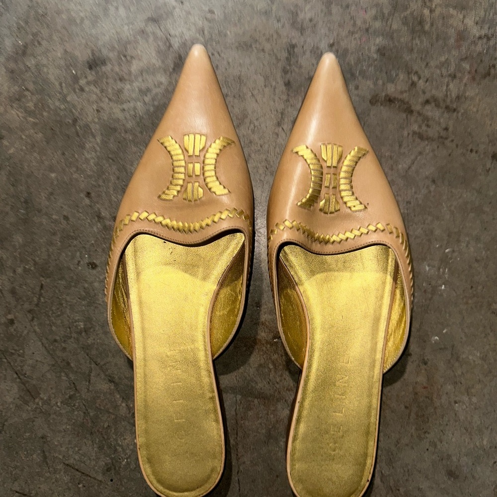 Authentic Celine Tan and Gold Mules